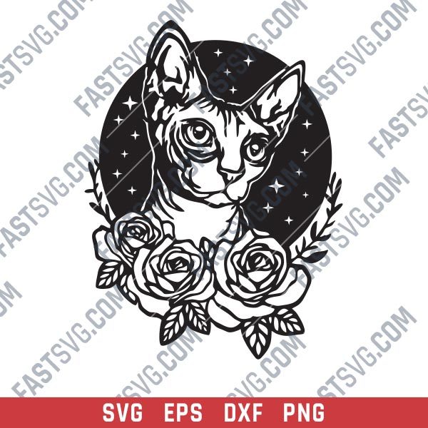 Cat with flowers and stars Design file - SVG DXF EPS PNG