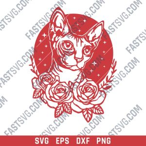 Cat with flowers and stars Design file - SVG DXF EPS PNG