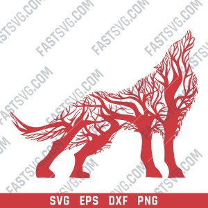 Wolf with tree Vector Design file - SVG DXF EPS PNG