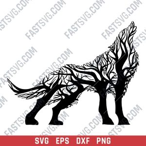 Wolf with tree Vector Design file - SVG DXF EPS PNG