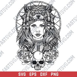 Tribal indian woman wolf design files – SVG DXF EPS PNG