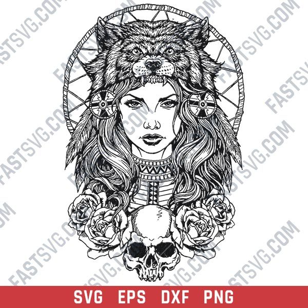 Tribal indian woman wolf design files – SVG DXF EPS PNG