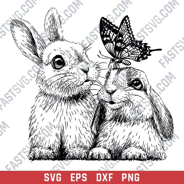 Rabbits with butterfly vector design files - SVG EPS DXF PNG