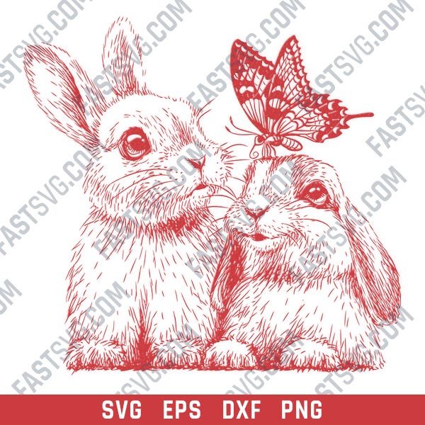 Rabbits with butterfly vector design files - SVG EPS DXF PNG