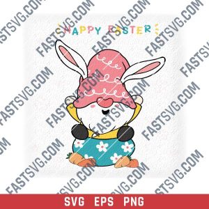 Cute bunny gnome on egg with carrot happy easter