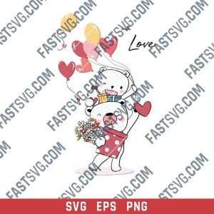 Happy teddy bear holding balloon heart and gift