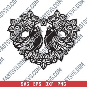 Heart flowers with birds vector design files - SVG DXF EPS PNG