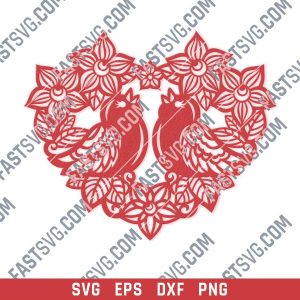 Heart flowers with birds vector design files - SVG DXF EPS PNG